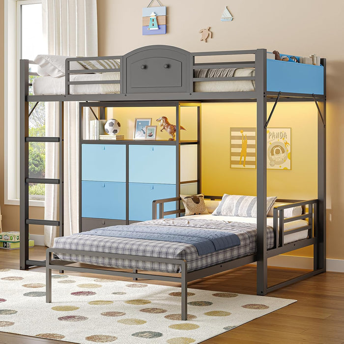 Bunk Bed Twin over Twin with 6 Storage Drawers for Kids Teens,Metal Led Loft Bed with Bedside Storage,Safety Guardrails for Small Space, No Box Spring Needed, Grey