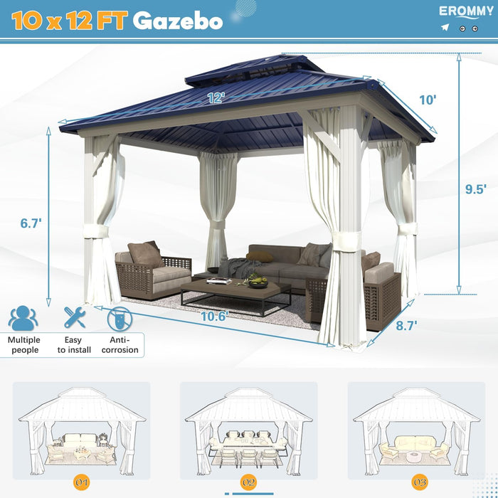 10'X12' Gazebo Hardtop, Galvanized Steel Double Roof Metal Gazebo with Aluminum Frame, Permanent Outdoor Pavilion with Curtain and Netting for Patio Lawn and Garden, Blue