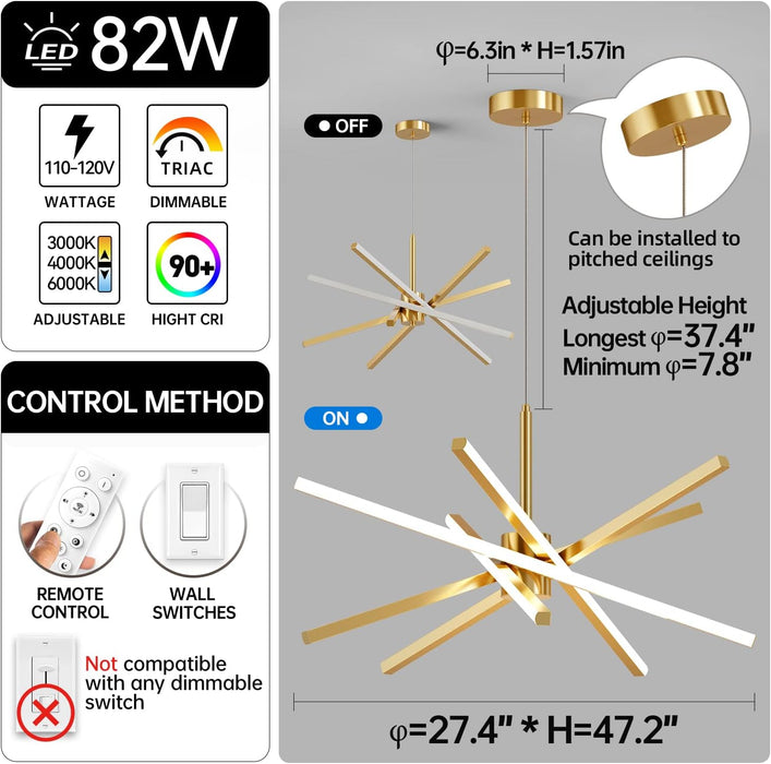 Gold 31 Inch LED Sputnik CeilingChandelier Dimmable