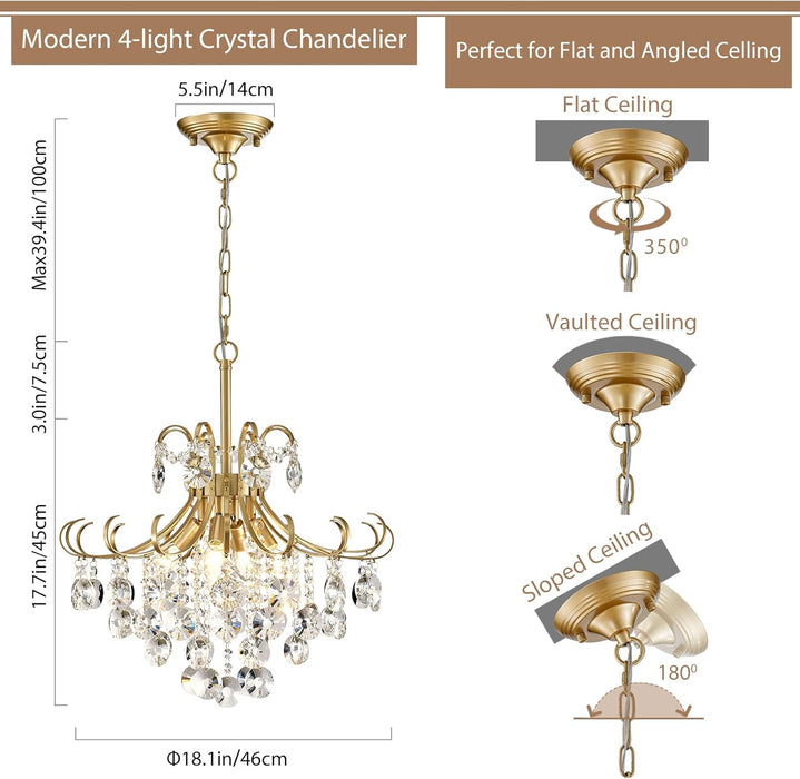 Golden Crystal Chandeliers 4 Light Dining Fixtures