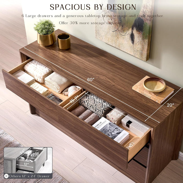 60 Inch 6 Drawer Dresser for Bedroom, 20" Depth for More Storage