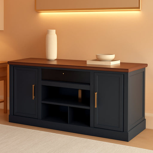 Landocken Contemporary 83" TV Stand for Tvs up to 95" with Fireplace Option, 2 Cabinets, 2 Doors, 2 Adjustable Shelves, Open Cubbies and Cord Openings, Dark Brown & Blue