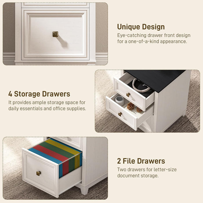 Farmhouse L Shaped Executive Desk with 6 Drawers, 69’’ Wood Home Office Desk with File Cabinet, Writing Corner Computer Desk for Home Office, Work, Study, White and Black