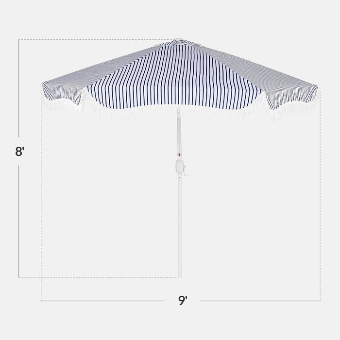 Best Choice Products 9Ft Fringe Market Patio Umbrella – Outdoor Boho Tassel Sunshade for Table, Pool, Deck, Backyard – UPF50+, Easy Tilt, Heavy Duty Steel Pole & Ribs - Navy Pinstripe