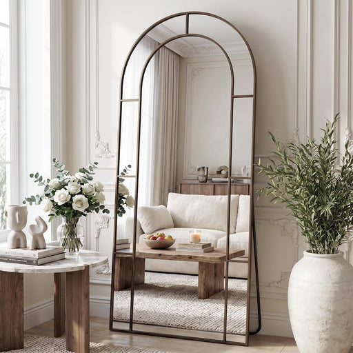 76" X 34" Arched Full Length Floor Mirror, Farmhouse Window Pane Mirror with Metal Frame, Decorative Leaning or Wall Mounted Mirror for Bedroom, Living Room, Entryway, Bronze