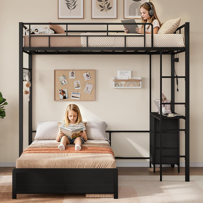 Black Twin Over Twin Bunk Bed WithDeskChargingStation