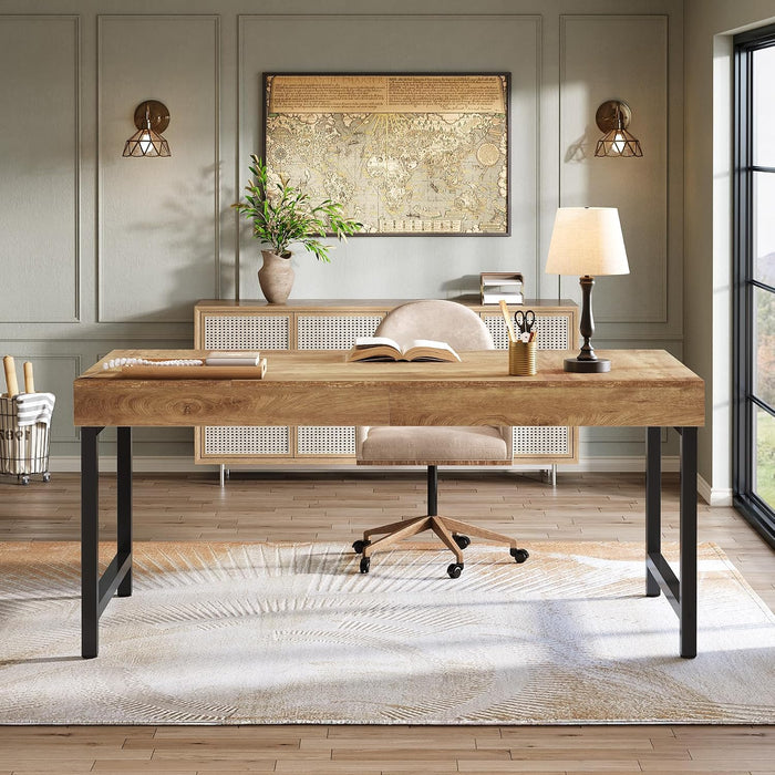 55" Industrial Executive Desk for Home Office, Rustic Simple Computer Laptop Desk with Strong Metal Legs, Study Writing Table Business Workstation, Small Conference Table