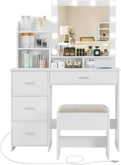 Makeup Vanity with 10 Light Bulbs and Charging Station, Vanity Desk with Lighted Mirror & 4 Drawers Chest, Vanity Set,New USA