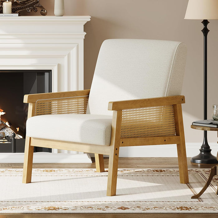 Beige Rattan Accent Chair With Upholstered Backrest