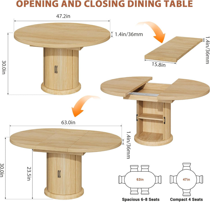 47″–63″ Extendable round Dining Table for 4–8 with Dust-Proof 2-Tier Storage Shelf Space-Saving Expandable Dining Room Table Wood Oval Circle Dining Table with Pedestal Base (Natural)