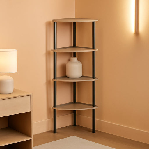 Corner Shelf Stand, Industrial 5-Tier Corner Bookshelf with Metal Frame, Corner Shelf Stand Display Plant Flower, Corner Bookcase for Small Spaces, Living Room, Greige and Black BG33CJ01