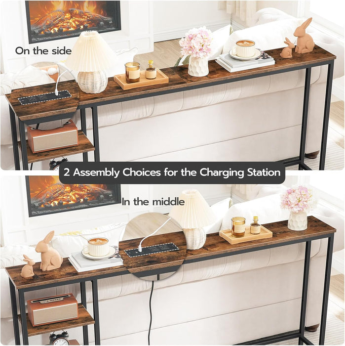 Console Table with Power Outlet, 63" behind Sofa Table with Shelves, Narrow Entryway Table with Storage, Couch Table for Living Room, Hallway, Rustic Brown and Black BF164UXG01
