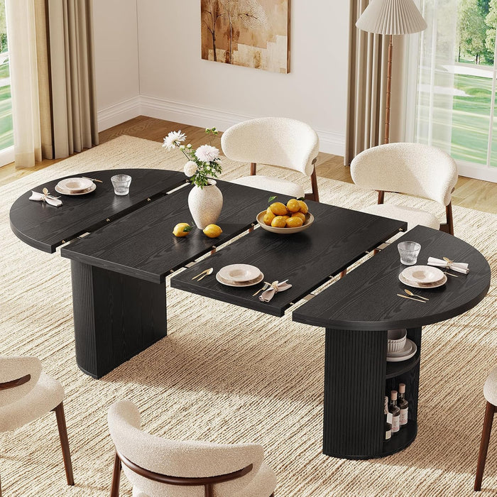 41-78 Inch Extendable Dining Table for 4-8, Fluted Expandable Kitchen Table with Storage, 2 Leaf, Mid Century Modern Oval Dinner Tables for Dining Room, Kitchen, Living Room, Black