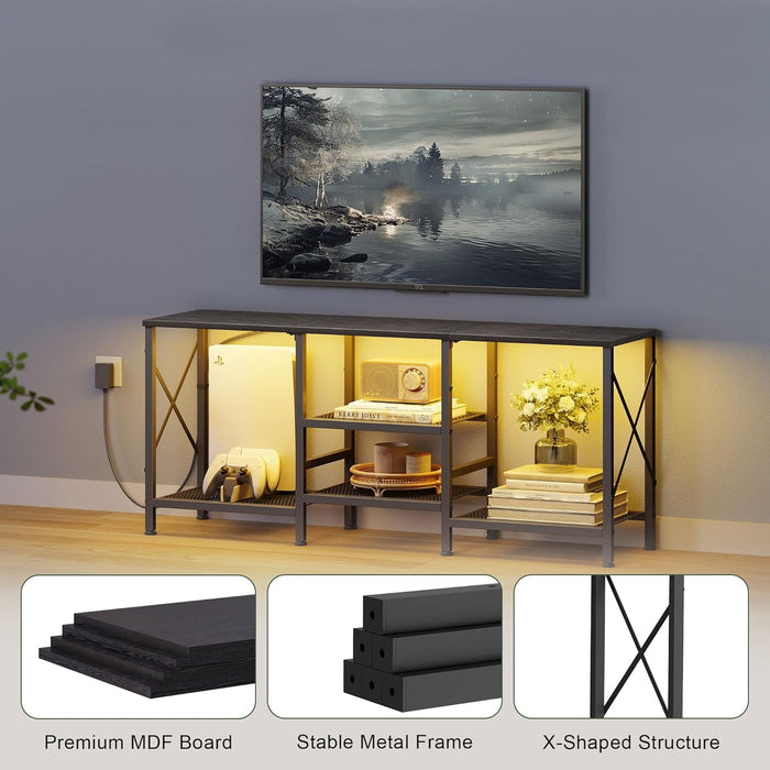 TV Stand with LED Lights for 55 Inch TV, Entertainment Center with 3-Tier Open Shelves, TV Console Table for Living Room, Bedroom, Black