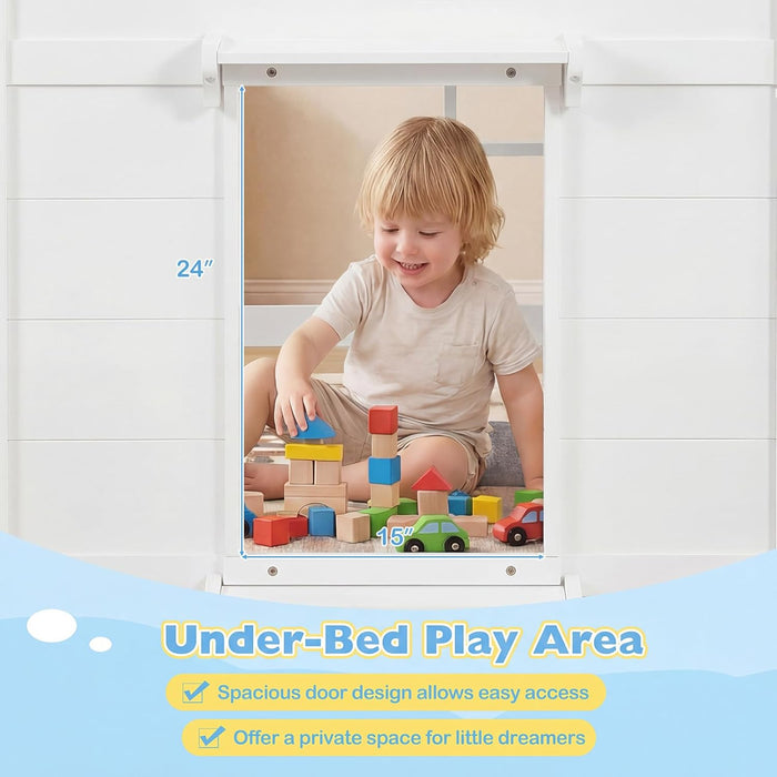 Loft Bed Twin Size with LED Lights, Wooden Low Bed Frames for Kids W/2 Doors, Under-Bed Play Space & Storage Bookcase, Modern Bedframe with Ladder & Safety Guardrail for Boys Girls (White)