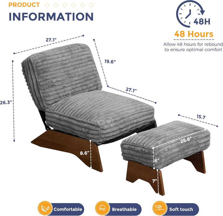 Modern Adjustable Accent Chair with Ottoman, Upholstered Living Room Chair with Footrest Set, Soft Reclining Lounge for Bedroom, Apartment, Office, Grey