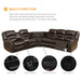 PU Leather Sectional Sofa Set, Reclining Couch for Living Room with Cup Holders, Love Seat with Wedge Wood Table, 5 Seater Theater Seating with Storage, Retro Brown