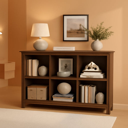 6 Cube Storage Bookshelf, Wood Wulnut Horizontal Bookcase, Rounded Corners | Low Wooden Cubby Organizer Book Shelf for Living Room/ Bedroom/ Office/ Hallways/ Apartments, Brown Cherry, 43" Space Saving