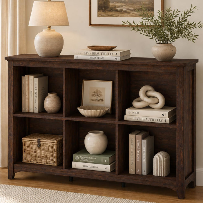 6 Cube Storage Bookshelf, Wood Wulnut Horizontal Bookcase, Rounded Corners | Low Wooden Cubby Organizer Book Shelf for Living Room/ Bedroom/ Office/ Hallways/ Apartments, Brown Cherry, 43" Space Saving
