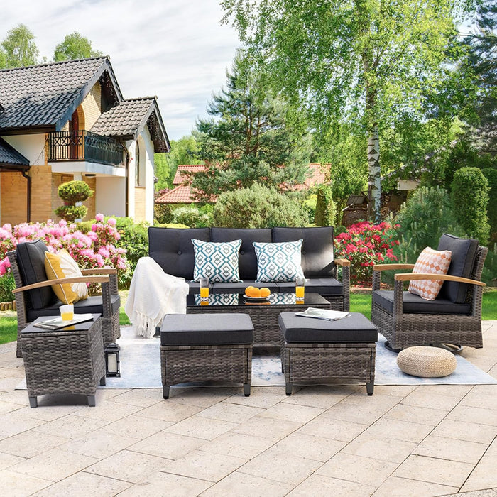 7 Pieces Patio Furniture Sets,Outdoor Rattan Furniture Conversation Sets with 2 Wood Armrests Swivel Rocker Chairs, 2 Ottoman, 2-Seat Sofa and Coffee Table(Grey)