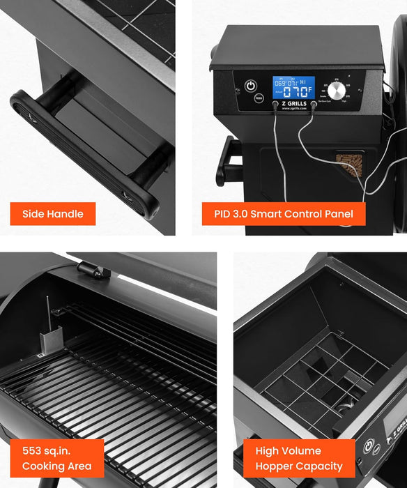 ZPG-550B2 Wood Pellet Grill & Smoker with PID 3.0 Controller, 553 Sq in Cooking Area, Meat Probe, Hopper Cleanout, 8 in 1 BBQ Grill Outdoor Auto Temperature Control, Black
