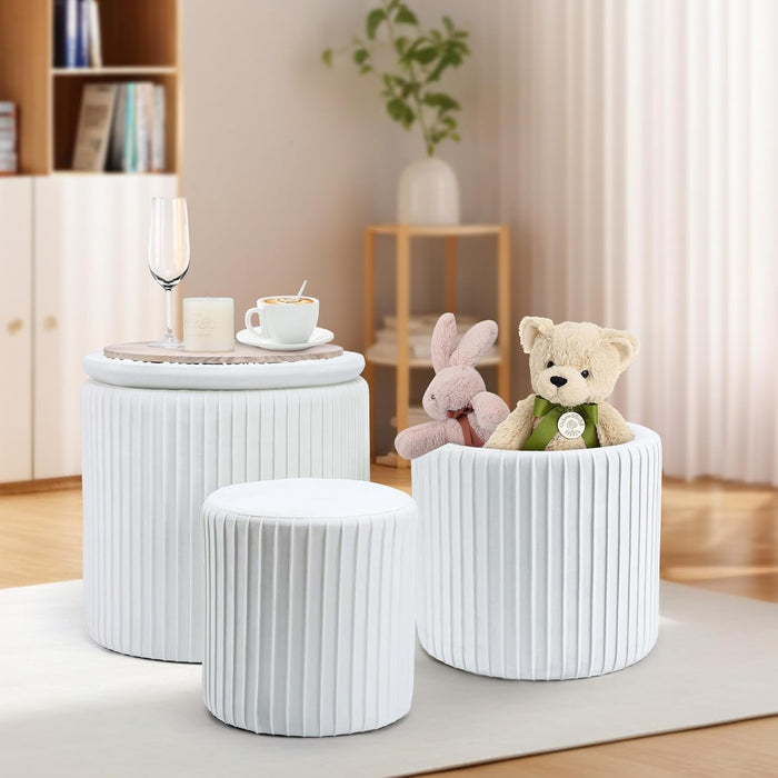 Round Set of 3 Ottoman with Storage-Upholstered Velvet Vanity Stool for Makeup Multifunctional Ottomans Coffee Table Padded Seat Foot Rest for Living Room&Bedroom（White）