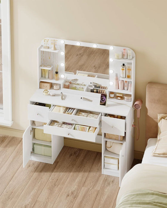 42.5" Large Vanity Desk，Dressing Table with Mirror and LED Light, Power Strip, 4 Drawers, 2 Open Storage Cabinets, and Jewelry Storage for Bedrooms, White