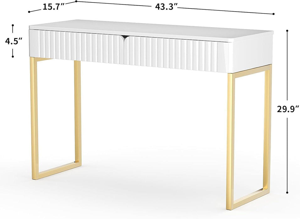 Elegant Modern Desk, 2 Drawers, Gold Legs, 43.3X15.75 Inches, Home Office, Makeup Vanity, Computer, Writing, Study, Entryway, Sofa Table