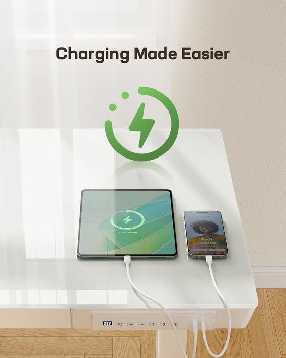 Glass Standing Desk with Drawer, 48 X 24 Inch Electric Standing Desk, Height Adjustable Desk with One-Piece Tabletop & USB Charging Ports, Sit Stand Desk with Storage for Home & Office White