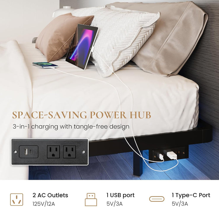 Full Size Floating Bed Frame with Smart LED Lights, Black