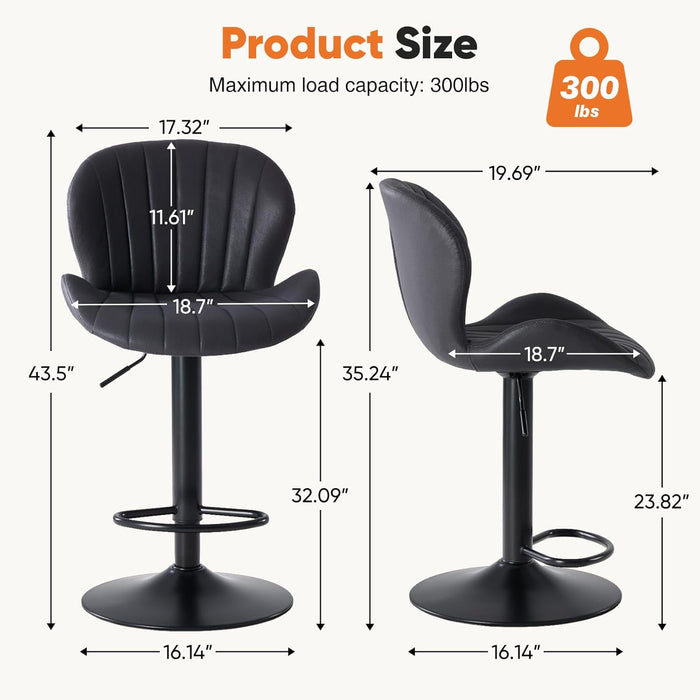 Bar Stools Set of 4, Swivel Adjustable Height Fabric Bar Chair | Barstools Counter Height, Backrest, Armless, Upholstered, Modern, Kitchen Island, Dining Room, Black