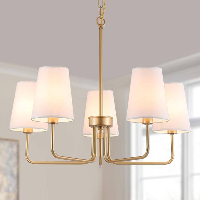 Farmhouse Chandelier, 5-Lights Visual Comfort Gold Light, Muted Gold with White Fabric Shade, Linear Island Lighting Fixture for Kitchen, Dining Room