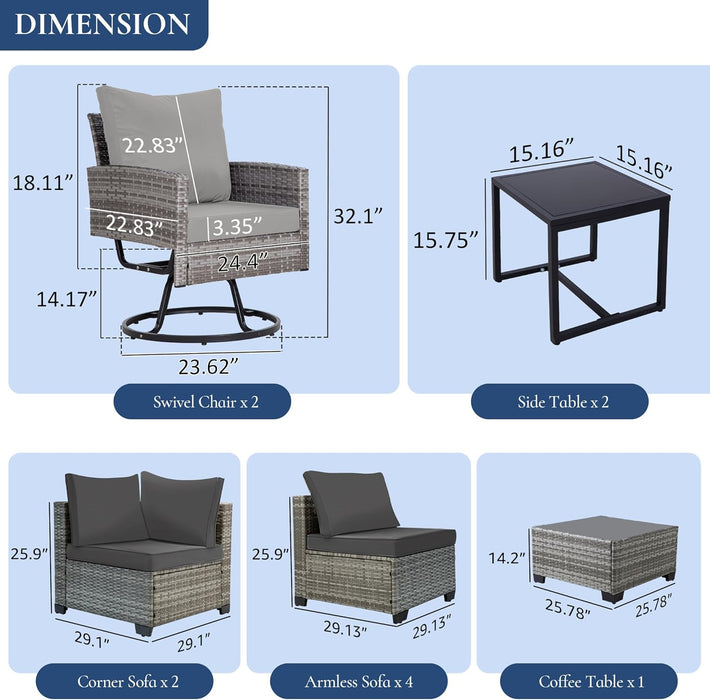 10 Pieces Outdoor Patio Furniture Set with Swivel Chairs, Wicker Sectional Sofa Set Rattan Modular Patio Conversation with Cushions Couch & Coffee Table for Garden, Balcony, Porch, Grey-Grey
