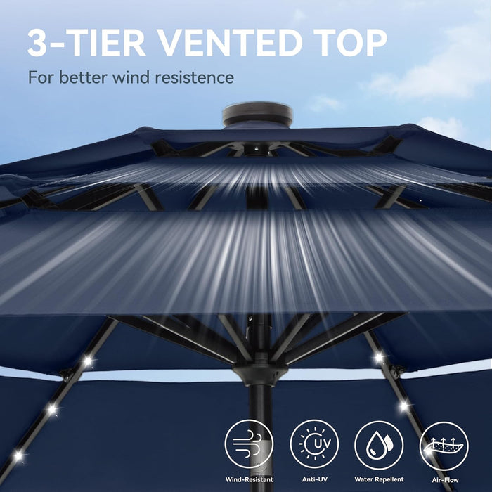 10Ft Patio Umbrella with Solar Lights, Auto-Tilt Lighted Market Table Umbrellas with Crank, 8 Sturdy Ribs & 1.5" Pole Outdoor Umbrellas for Patio Garden Deck Backyard Pool, Navy Blue