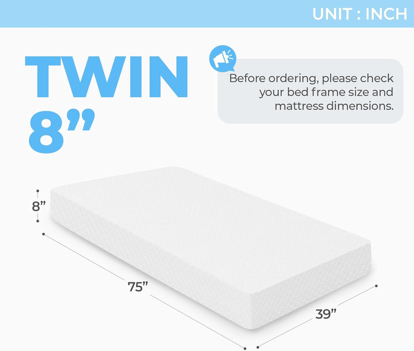 8 Inch Twin Cooling Gel Memory Foam Mattress Medium Firm Certipur-Us Certified Mattress in a Box Enhanced Pressure Relief Removable Soft Cover No Fiberglass (Twin, 8 In)