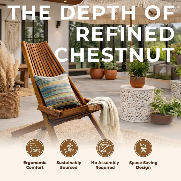 Wooden Folding Tamarack Chairs, FSC Certified Acacia Low Profile Adirondack Chairs, Wood Folding Chair for Outdoor, Patio, Porch, Pool, Backyard, Garden, Balcony and Deck - Chestnut - Single