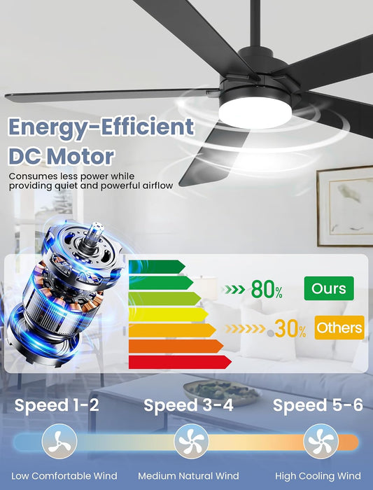48 Inch Ceiling Fans with Lights and Remote, Downrod Mount, Sloped Ceiling Compatible up to 15°, Quiet Reversible DC Motor, 3CCT Dimmable LED, Black Ceiling Fan for Bedroom Living Room