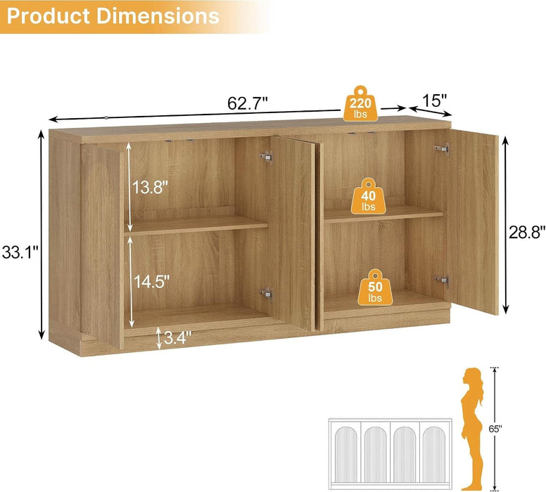 63" Sideboard Buffet Cabinet with Storage, Fluted Credenza