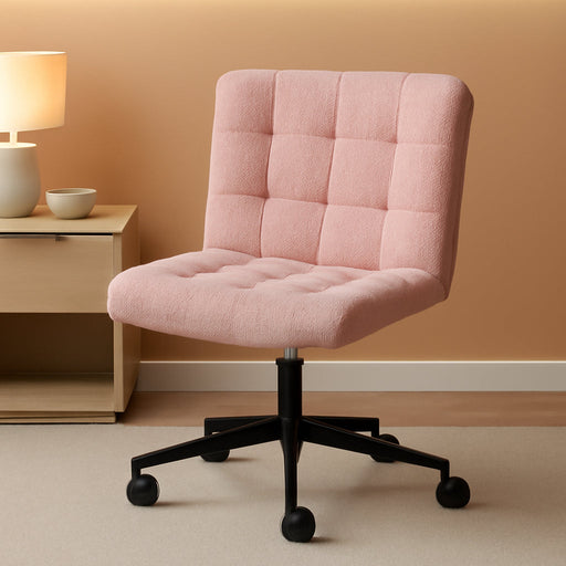 Swivel Criss Cross Legged Chair with Wheels for Home Office, Wide Armless Desk Chair Height Adjustable Comfy Seat for Desk,Vanity, Bedroom, Faux Fur Pink