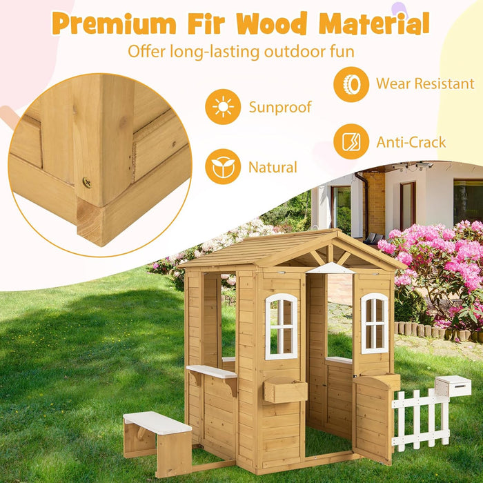 Outdoor Playhouse, Fir Wood Patio Pretend Play Center W/Bench, Mailbox, Fence, Serving Stations, Flowerpot Holders, Windows & Door, Children Play House for 2+ Years Old Kids
