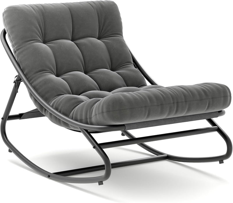 Outdoor Rocking Chair with Metal Frame, Adjustable Papasan Rocker, Waterproof Comfy Cushion, 450Lbs Capacity, for Patio, Porch, Garden, Living Room, Dark Grey
