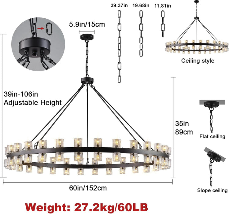 60 Inch Black Wagon Wheel Chandelier with Crystal Shade, 60 Lights, Large round Modern Farmhouse Style, Perfect for High Ceiling, Dining Room, Kitchen, Entryways, Foyer