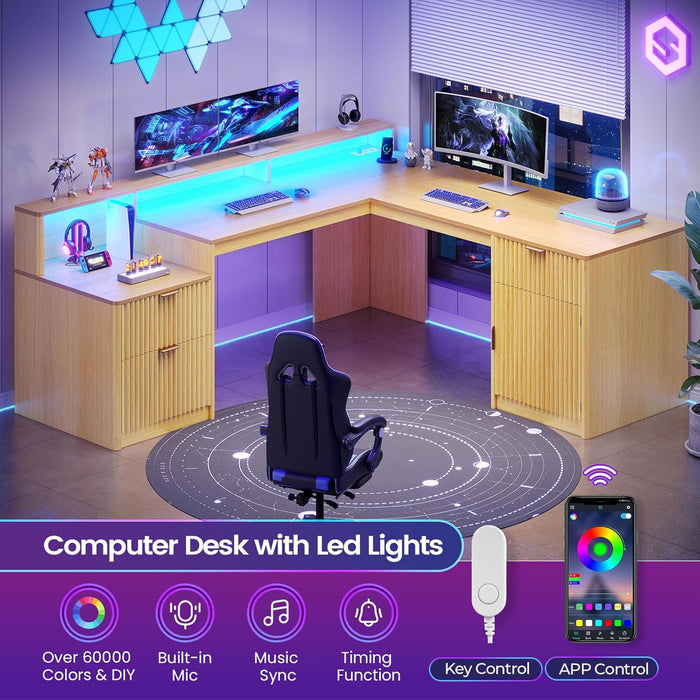66" Modern L Shaped Desk with Drawers, Fluted Home Office Desk with File Cabinet and Printer Shelf, Wood Executive Desk with Monitor Stand, Power Outlets, Led Lights, Oak