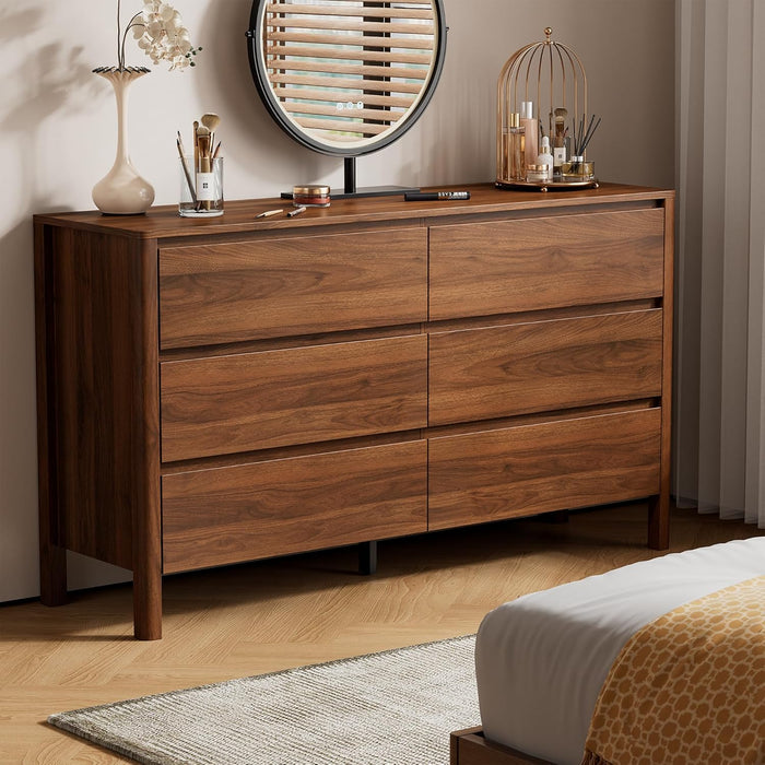 55" Mid-Century Modern Dresser for Bedroom, 6 Drawer Wide Chest of Drawers with Wood Legs, Large Storage Bedroom Dresser, Walnut