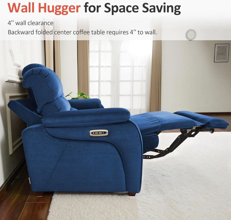 87.2'' Wall Hugger Power Recliner Sofa with Drop down Table, Reclining Sofa with Adjustable Headrest, USB Charge Ports, Reading Lamp, for Living Room, Rvs, Fabric, ST258M3 (3-Seater, Navy Blue) | Zero Wall Hugger