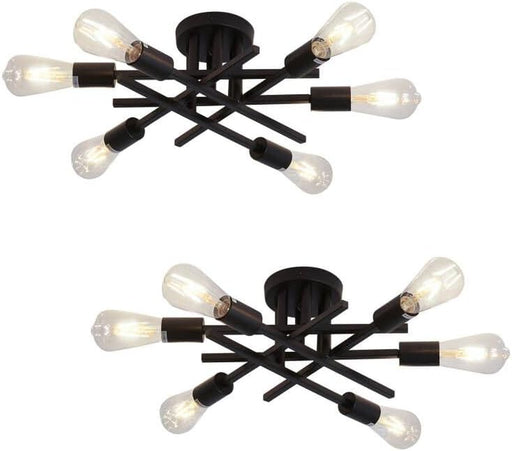 6-Lights Semi Flush Mount Ceiling Light Fixture 2-Pack Black Vintage Matte Sputnik Chandelier Ceiling Lamp for Farmhouse Dining Room Living Room Bedroom Kitchen Entryway