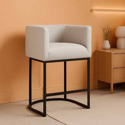 27" H Counter Height Bar Stools, Modern Barrel Counter Stools with Backrest and Arms, Black Metal Frames, Linen Fabric Upholstered Accent Barstools for Kitchen Island, Light Gray