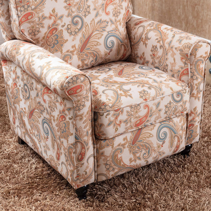 Manual Recliner Chair Push Back Upholstered Mid Century Armchair Fabric Sofa Home Theater Couches Wood Legs Home Living Room,Flower