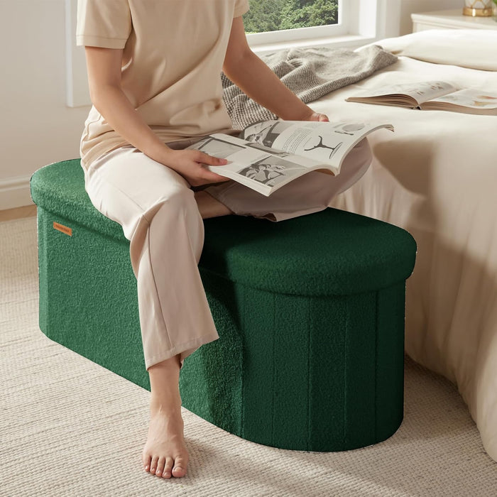 Ottoman with Storage, Sherpa Folding Storage Bench Foot Rest, Modern Upholstered Seat for Living Room, Entryway, Bedroom, Oval Green