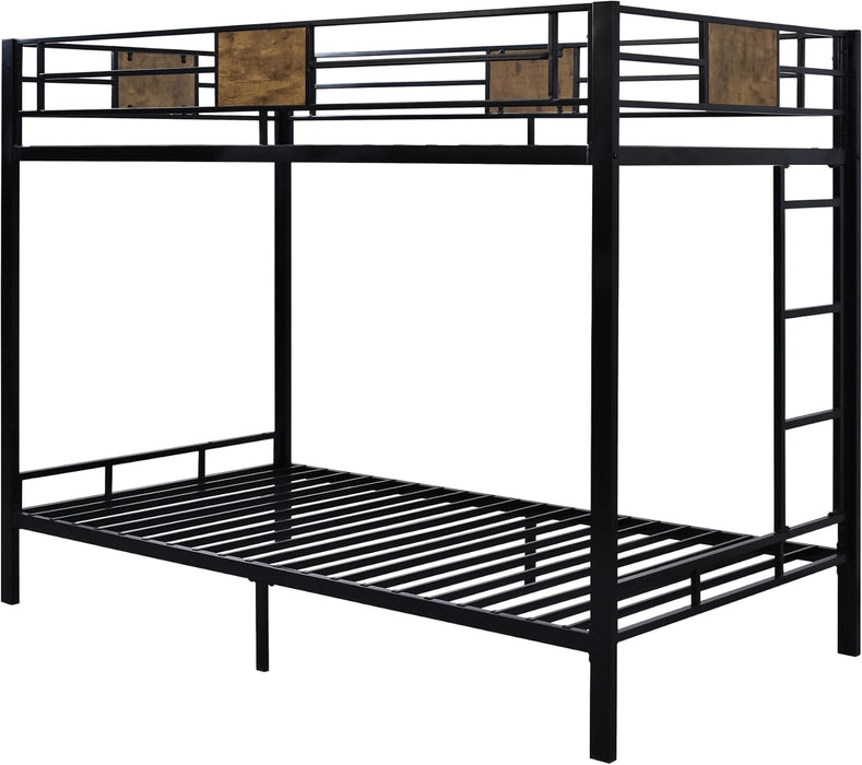Twin over Twin Bunk Bed with Rustic Wooden Accents, Sturdy Metal Frame, Space-Saving Design, Noise-Free, Black